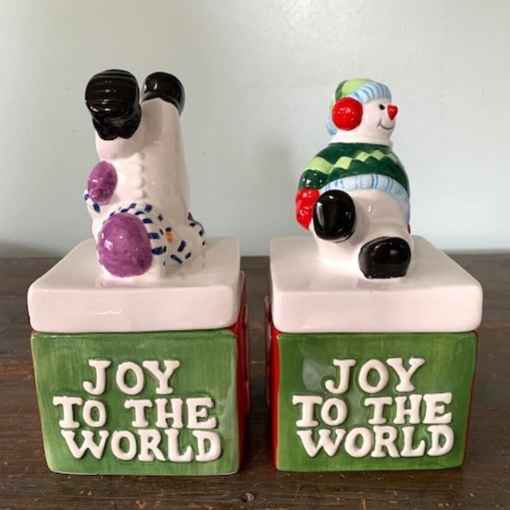 Two "JOY To The World" Lidded Snowman Christmas Candy/nut Boxes
